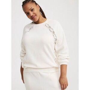 Torrid Fleece Crew Neck Lace Pullover Womens 0X L 12 Whisper White New Soft Cozy